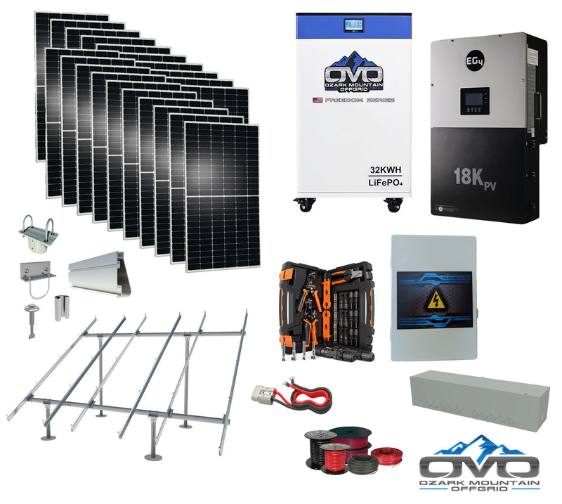 Load image into Gallery viewer, 10KW Complete Offgrid Solar Kit + EG4 18kPV + 32KW OMO 48V Freedom Series Lithium Battery + 11KW Solar with Ground Mount and Wiring