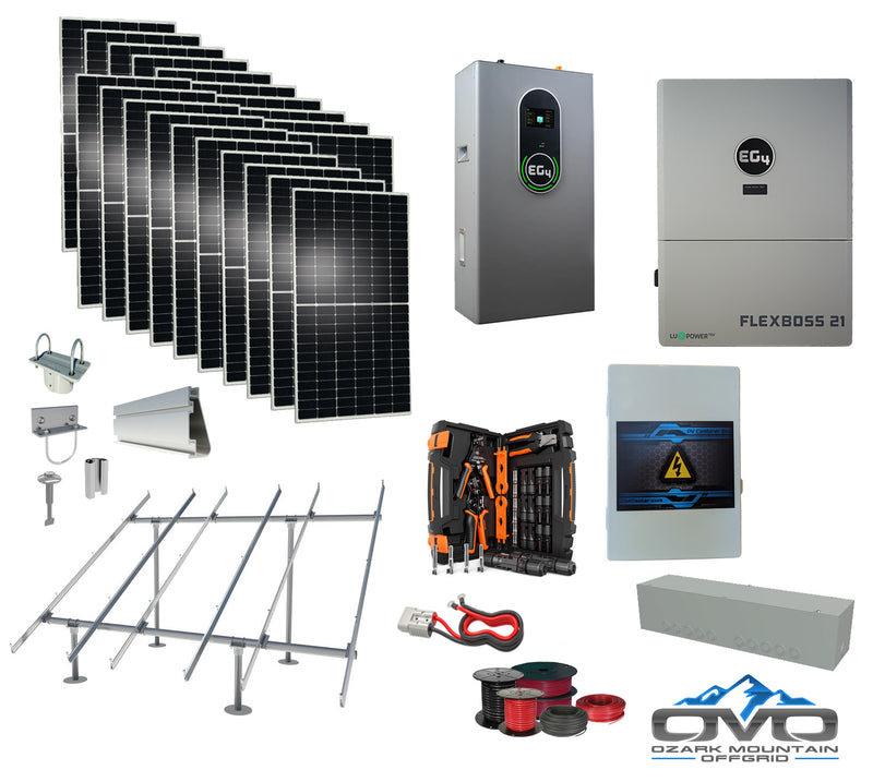 Load image into Gallery viewer, 10KW Complete Offgrid Solar Kit + EG4 FlexBOSS21 + 14.3KW 48V EG4 Lithium Indoor Wall Battery + 11KW Solar with Ground Mount and Wiring
