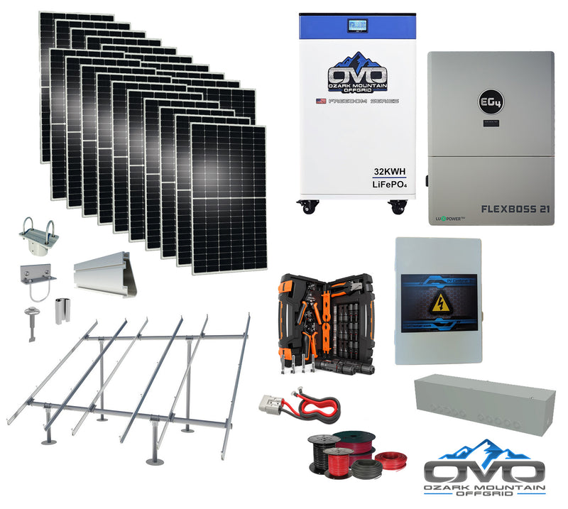 Load image into Gallery viewer, 10KW Complete Offgrid Solar Kit + EG4 FlexBOSS21 + 32KW OMO 48V Freedom Series Lithium Battery + 11KW Solar with Ground Mount and Wiring