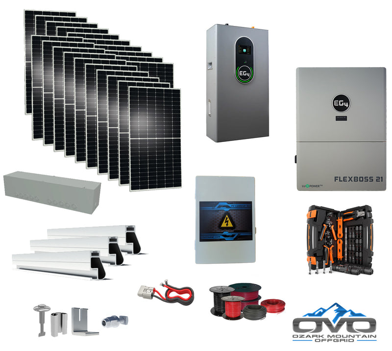Load image into Gallery viewer, 10KW Complete Offgrid Solar Kit + EG4 FlexBOSS21 + 14.3KW 48V EG4 Lithium Indoor Wall Battery + 11KW Solar with Roof Mounting Rails and Wiring