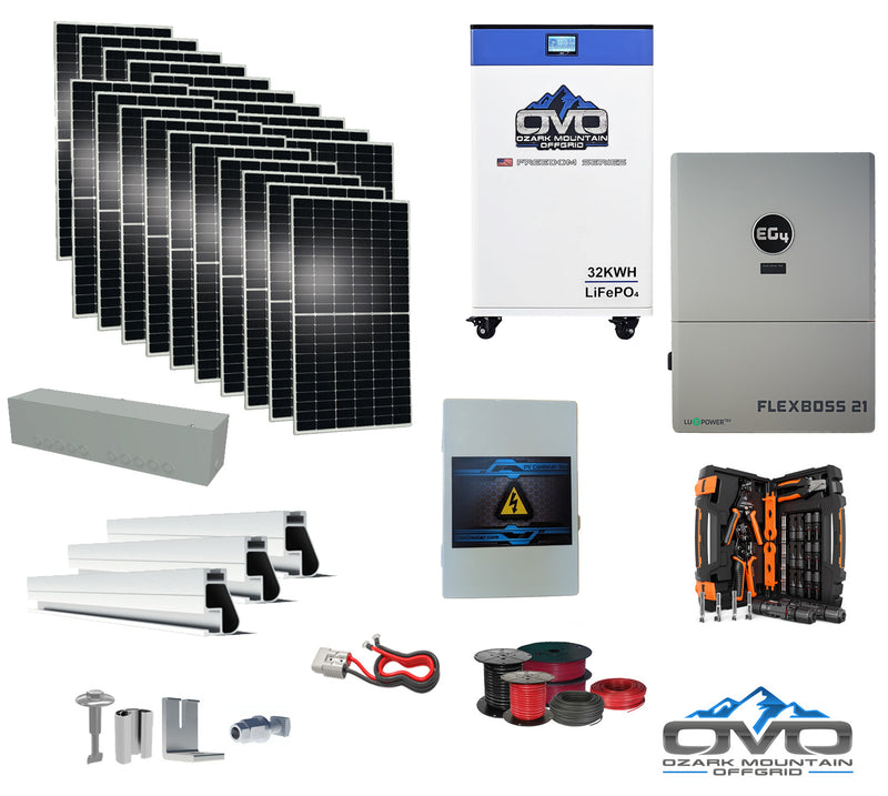Load image into Gallery viewer, 10KW Complete Offgrid Solar Kit + EG4 FlexBOSS21 + 32KW OMO 48V Freedom Series Lithium Battery + 11KW Solar with Roof Mounting Rails and Wiring