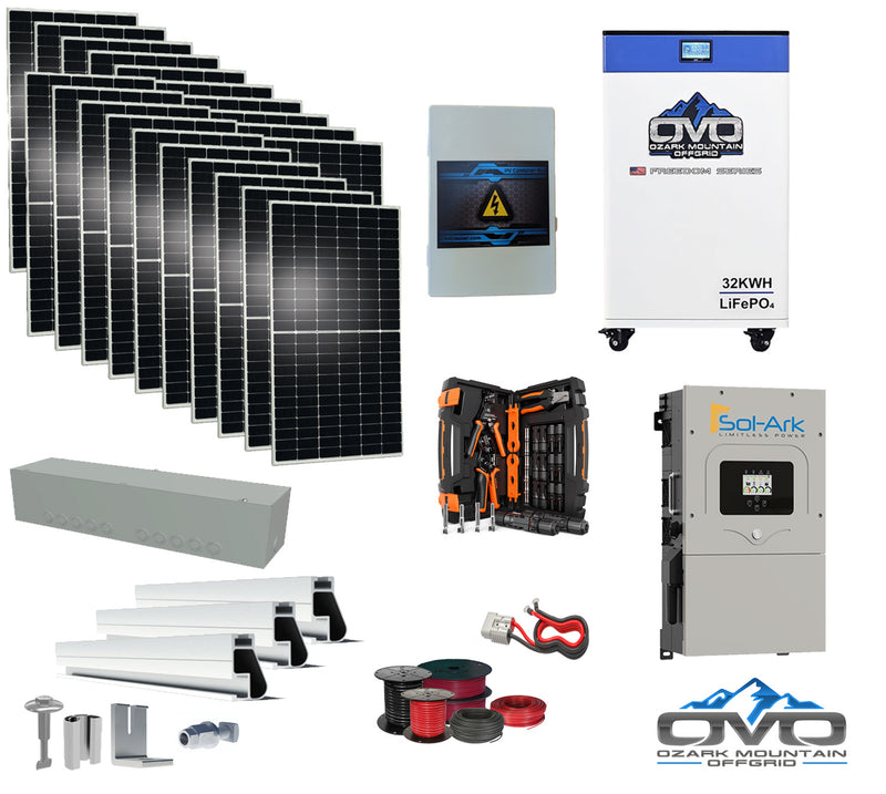 Load image into Gallery viewer, 10KW Complete Offgrid Solar Kit + 15K Sol-Ark Inverter + 32kWh OMO 48V Freedom Series Lithium Battery + 11KW Solar with Roof Mount Rails and Wiring