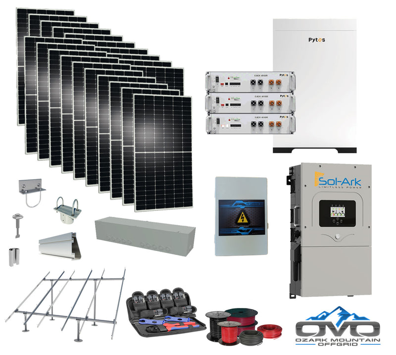 Load image into Gallery viewer, 10KW Complete Offgrid Solar Kit + 15.36kWh Pytes Lithium Battery + 15K Sol Ark Inverter + 11KW Solar with Ground Mount Rails and Wiring