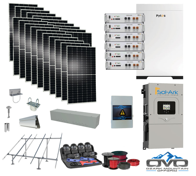 Load image into Gallery viewer, 10KW Complete Offgrid Solar Kit + 30.72kWh Pytes Lithium Battery + 15K Sol Ark Inverter + 11KW Solar with Ground Mount Rails and Wiring