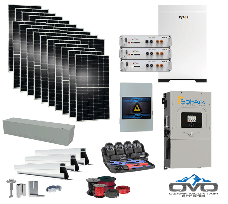 Load image into Gallery viewer, 10KW Complete Offgrid Solar Kit + 15.36kWh Pytes Lithium Battery + 15K Sol Ark Inverter +11KW Solar with Roof Mount Rails and Wiring