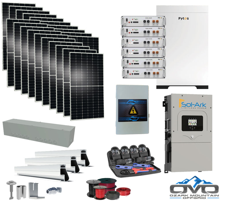 Load image into Gallery viewer, 10KW Complete Offgrid Solar Kit + 30.72kWh Pytes Lithium Battery + 15K Sol Ark Inverter +11KW Solar with Roof Mount Rails and Wiring