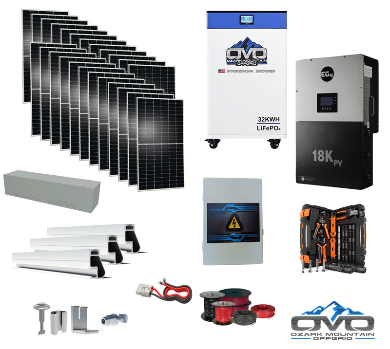 Load image into Gallery viewer, 12KW Complete Offgrid Solar Kit + EG4 18kPV + 32KW OMO 48V Freedom Series Lithium Battery + 13.2KW Solar with Roof Mounting Rails and Wiring
