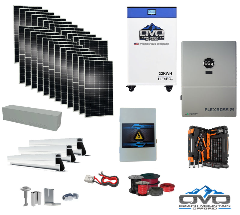 Load image into Gallery viewer, 12KW Complete Offgrid Solar Kit + EG4 FlexBOSS21 + 32KW OMO 48V Freedom Series Lithium Battery + 13.2KW Solar with Roof Mounting Rails and Wiring