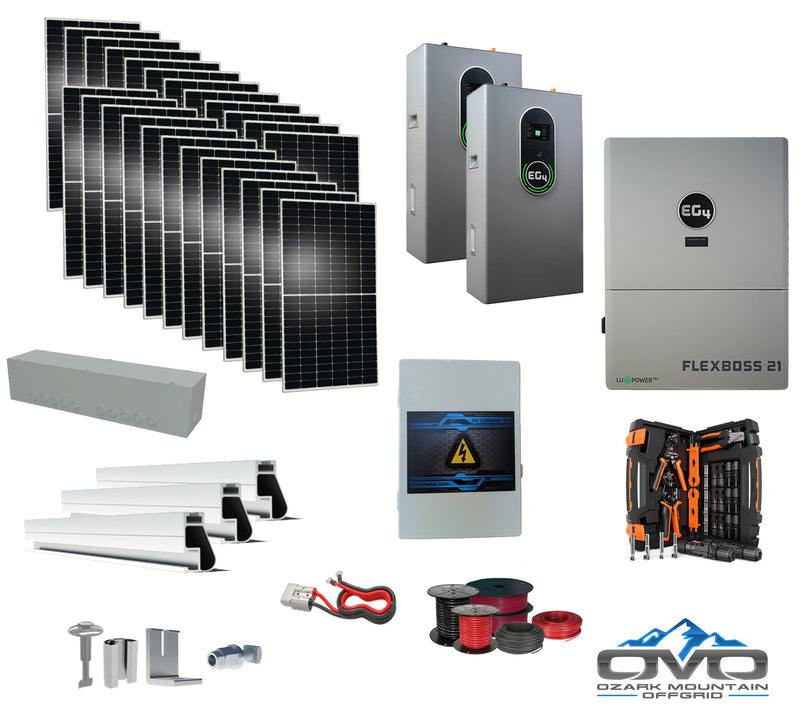 Load image into Gallery viewer, 12KW Complete Offgrid Solar Kit + EG4 FlexBOSS21 + 2x 14.3KW 48V EG4 Lithium Indoor Wall Battery+ 13.2KW Solar with Roof Mounting Rails and Wiring