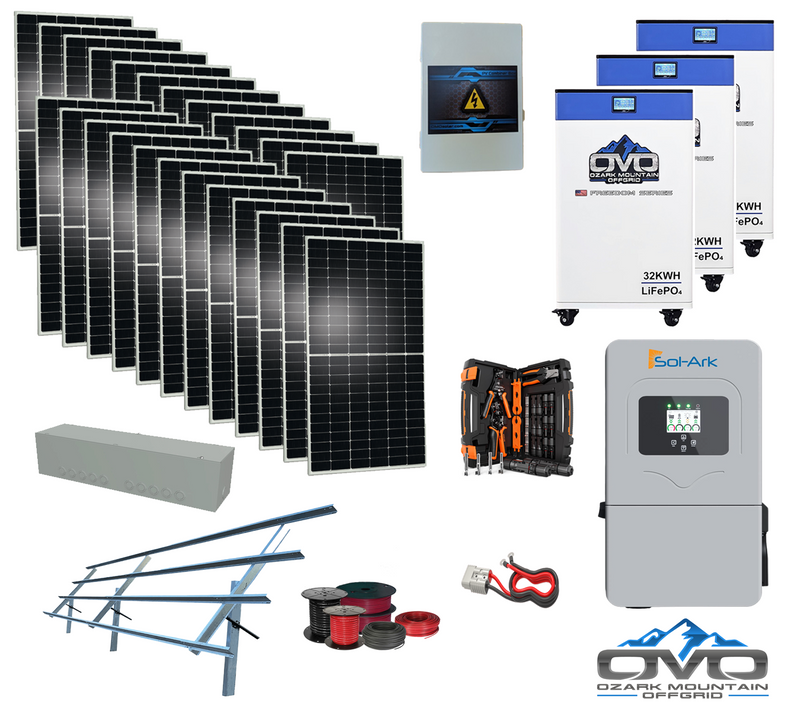 Load image into Gallery viewer, 12KW Complete Offgrid Solar Kit - 3x 32kWh OMO 48V Freedom Series Lithium Battery + 12K Sol-Ark Inverter +13.2KW Solar with Sinclair Ground Mount Rails and Wiring