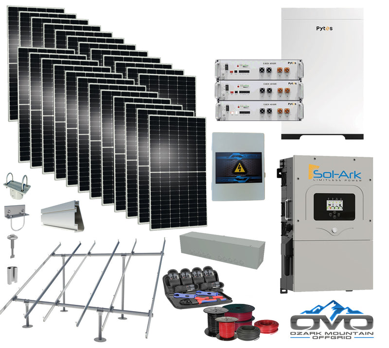 Load image into Gallery viewer, 12KW Complete Offgrid Solar Kit - 15.36kWh Pytes Lithium Battery + 15K Sol Ark Inverter +13.2KW Solar with Ground Mount Rails and Wiring