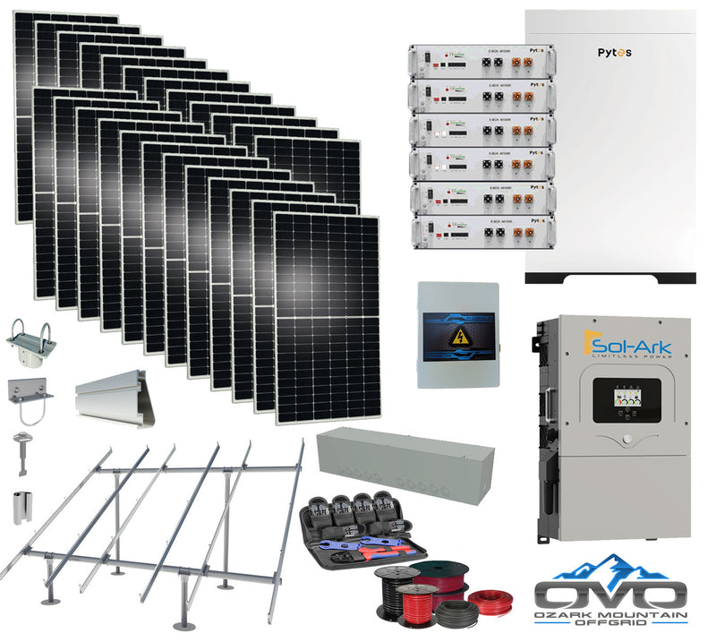 Load image into Gallery viewer, 12KW Complete Offgrid Solar Kit - 30.72kWh Pytes Lithium Battery + 15K Sol Ark Inverter +13.2KW Solar with Ground Mount Rails and Wiring