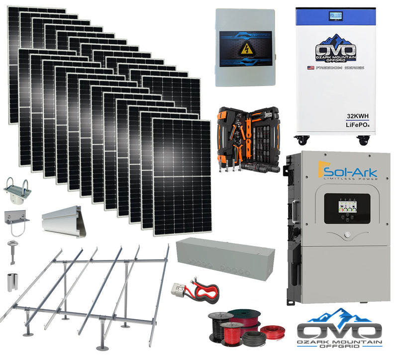 Load image into Gallery viewer, 12KW Complete Offgrid Solar Kit - 32kWh OMO 48V Freedom Series Lithium Battery + 15K Sol-Ark Inverter +13.2KW Solar with Ground Mount Rails and Wiring
