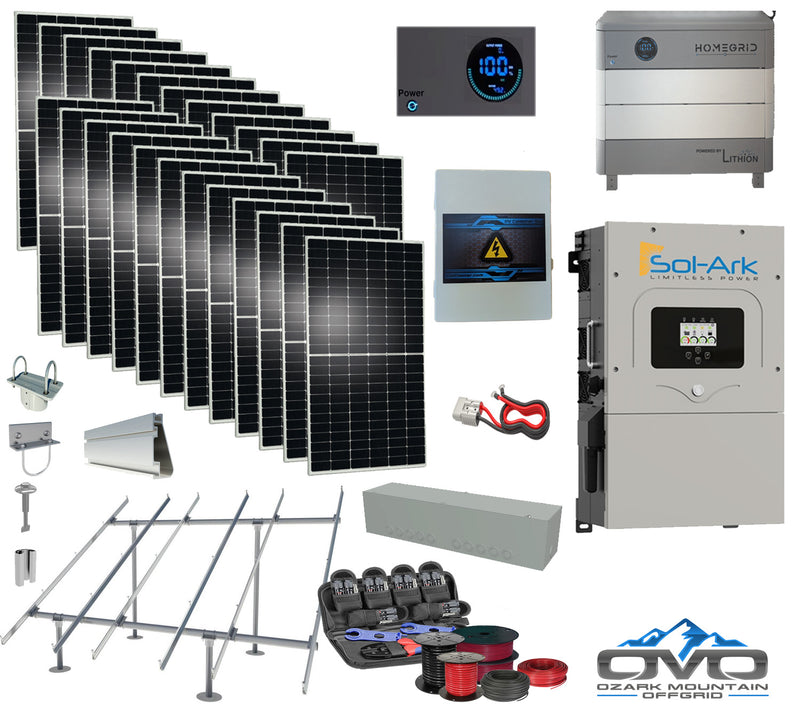 Load image into Gallery viewer, 12KW Complete Offgrid Solar Kit - 9.6kWh HOMEGRID Lithium Battery + 15K Sol Ark Inverter +13.2KW Solar with Ground Mount Rails and Wiring
