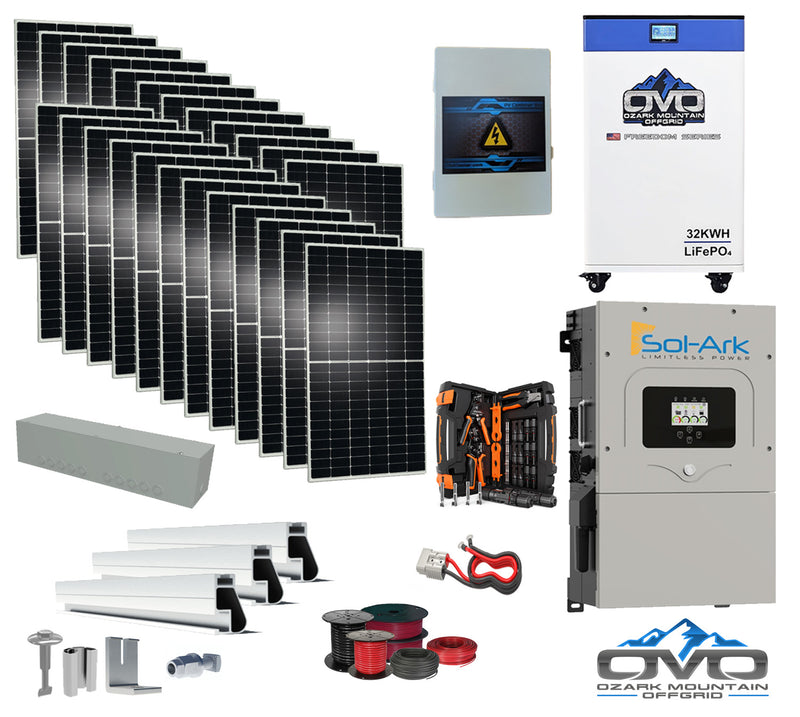 Load image into Gallery viewer, 12KW Complete Offgrid Solar Kit - 32kWh OMO 48V Freedom Series Lithium Battery + 15K Sol-Ark Inverter +13.2KW Solar with Mounting Rails and Wiring