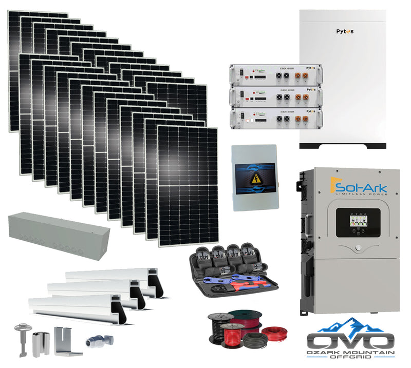 Load image into Gallery viewer, 12KW Complete Offgrid Solar Kit - 15.36kWh Pytes Lithium Battery + 15K Sol Ark Inverter +13.2KW Solar with Mounting Rails and Wiring