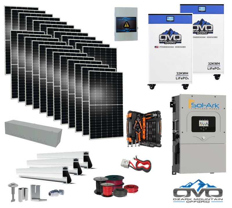 Load image into Gallery viewer, 12KW Complete Offgrid Solar Kit - 2x 32kWh OMO 48V Freedom Series Lithium Battery + 15K Sol-Ark Inverter +13.2KW Solar with Roof Mount and Wiring