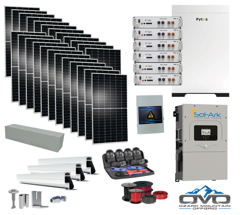 Load image into Gallery viewer, 12KW Complete Offgrid Solar Kit - 30.72kWh Pytes Lithium Battery + 15K Sol Ark Inverter +13.2KW Solar with Mounting Rails and Wiring