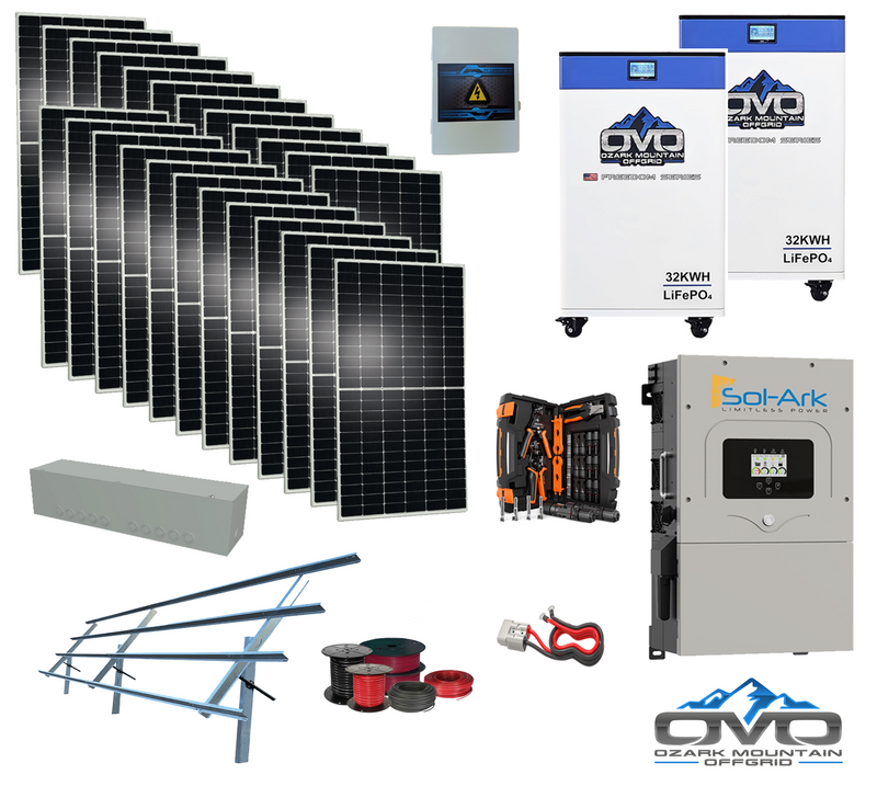 Load image into Gallery viewer, 12KW Complete Offgrid Solar Kit - 2x 32kWh OMO 48V Freedom Series Lithium Battery + 18K Sol-Ark Inverter +13.2KW Solar with Sinclair Ground Mount and Wiring