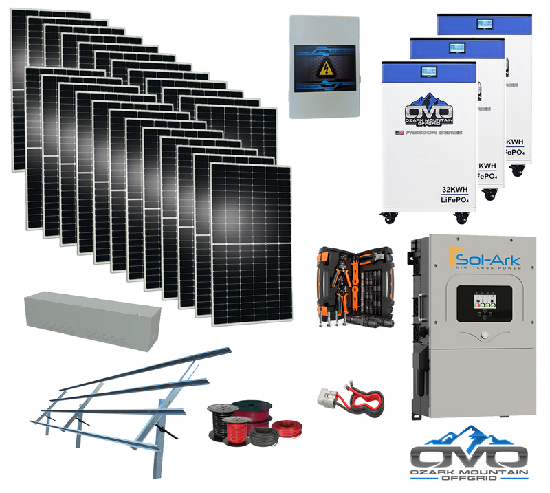 Load image into Gallery viewer, 12KW Complete Offgrid Solar Kit - 3x 32kWh OMO 48V Freedom Series Lithium Battery + 18K Sol-Ark Inverter +13.2KW Solar with Sinclair Ground Mount and Wiring