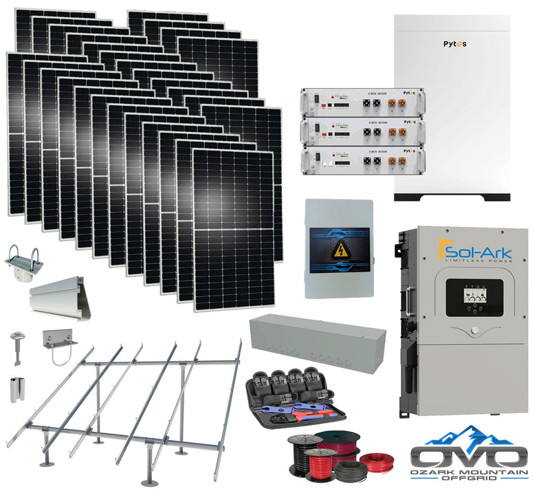 Load image into Gallery viewer, 15KW Complete Offgrid Solar Kit - 15.36kWh Pytes Lithium Battery + 15K Sol Ark Inverter +15.4KW Solar with Ground Mount Rails and Wiring