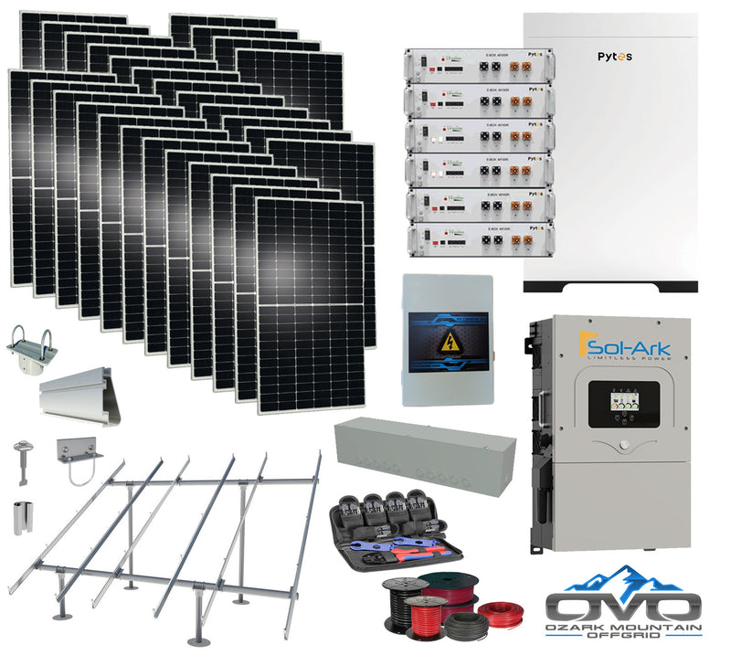 Load image into Gallery viewer, 15KW Complete Offgrid Solar Kit - 30.72kWh Pytes Lithium Battery + 15K Sol Ark Inverter +15.4KW Solar with Ground Mount Rails and Wiring