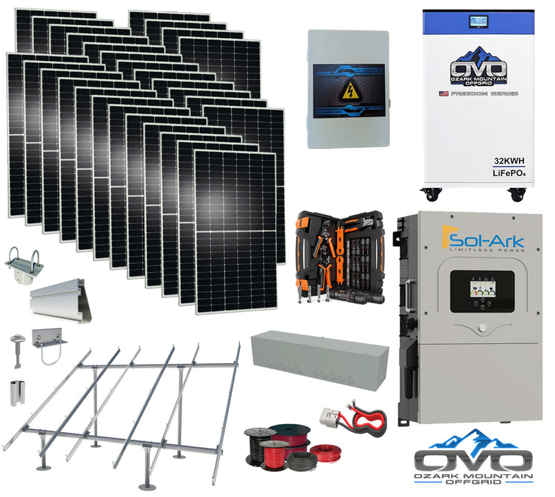 Load image into Gallery viewer, 15KW Complete Offgrid Solar Kit - 32kWh OMO 48V Freedom Series Lithium Battery + 15K Sol-Ark Inverter +15.4KW Solar with Ground Mount Rails and Wiring