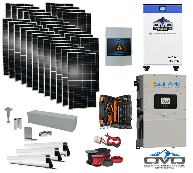 Load image into Gallery viewer, 15KW Complete Offgrid Solar Kit - 32kWh OMO 48V Freedom Series Lithium Battery + 15K Sol-Ark Inverter +15.4KW Solar with Mounting Rails and Wiring
