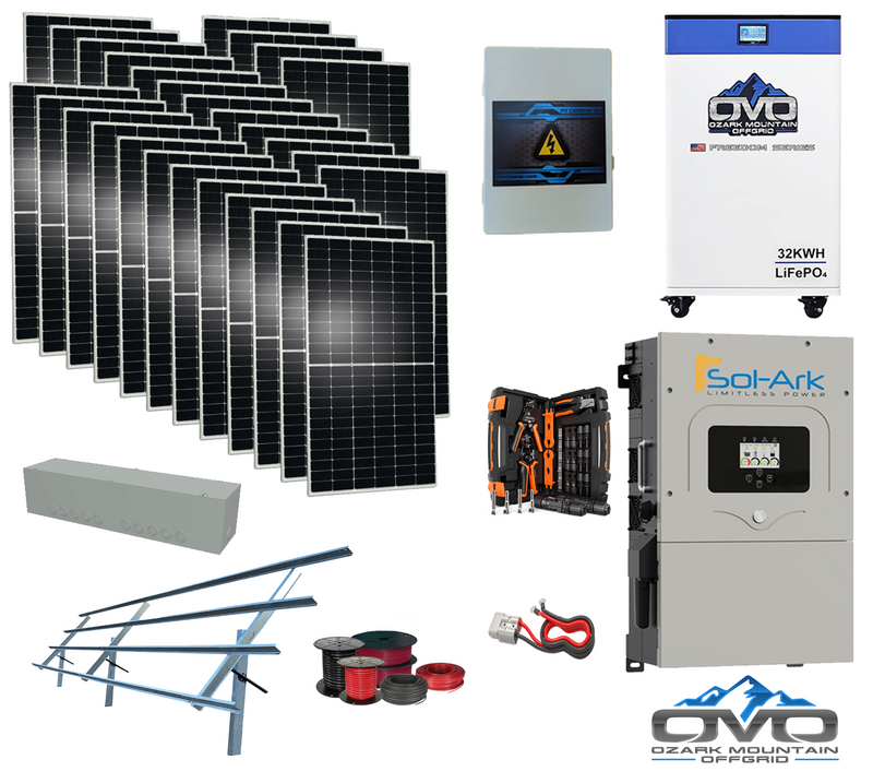 Load image into Gallery viewer, 15KW Complete Offgrid Solar Kit - 32kWh OMO 48V Freedom Series Lithium Battery + 18K Sol-Ark Inverter +15.4KW Solar with Sinclair Ground Mount Rails and Wiring