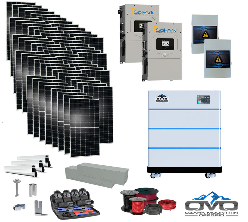 Load image into Gallery viewer, 30KW Complete Offgrid Solar Kit - 15K Sol-Ark Inverter + 15.36KW OMO Stack Lithium Battery +30.8KW Solar with Mounting Rails and Wiring