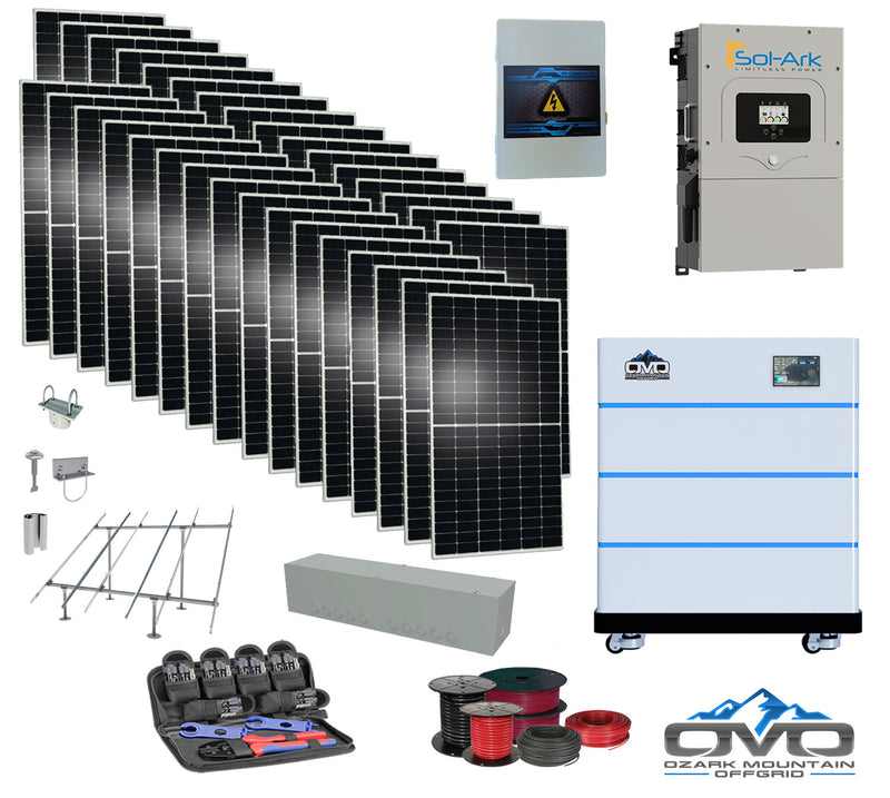 Load image into Gallery viewer, 17KW Complete Offgrid Solar Kit - 15K Sol-Ark Inverter + 15.36KW OMO Stack Lithium Battery +17.6KW Solar with Ground Mount and Wiring