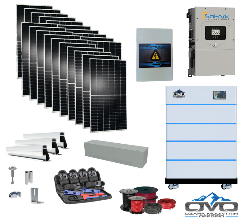 Load image into Gallery viewer, 10KW Complete Offgrid Solar Kit - 15K Sol-Ark Inverter + 20.48KW OMO Stack Lithium Battery +11KW Solar with Mounting Rails and Wiring