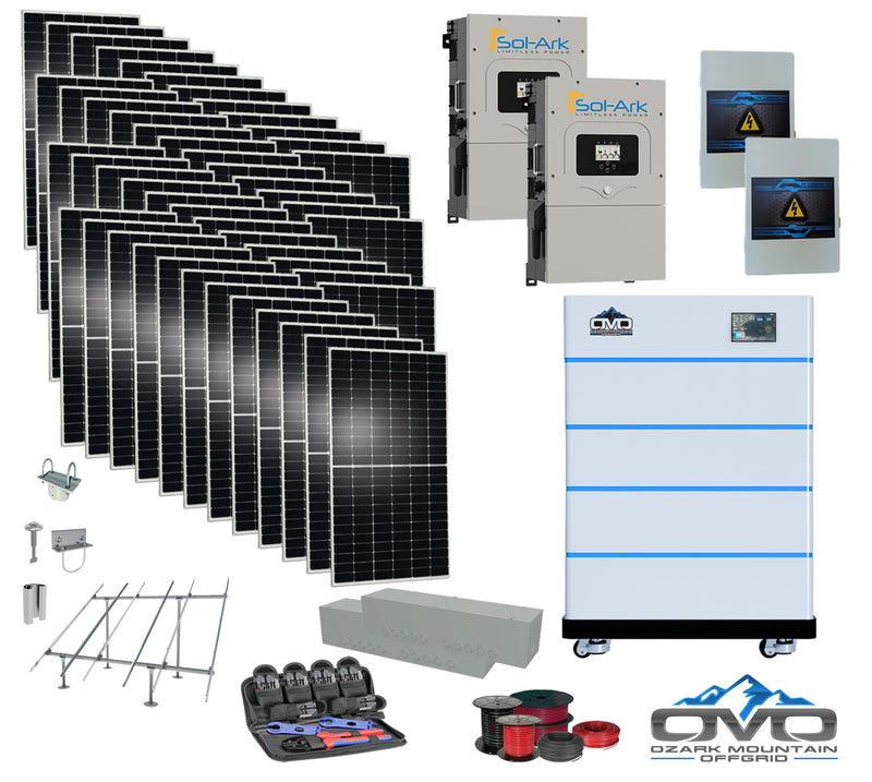 Load image into Gallery viewer, 25KW Complete Offgrid Solar Kit - 15K Sol-Ark Inverter + 20.48KW OMO Stack Lithium Battery +26.4KW Solar with Ground Mount and Wiring
