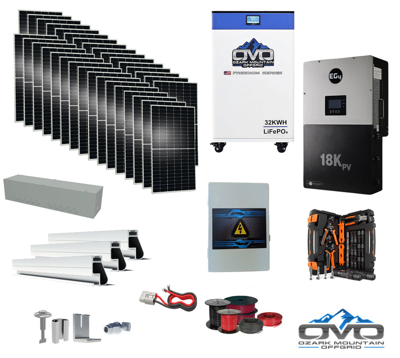Load image into Gallery viewer, 17KW Complete Offgrid Solar Kit + EG4 18kPV + 32KW OMO 48V Freedom Series Lithium Battery + 17.6KW Solar with Roof Mounting Rails and Wiring