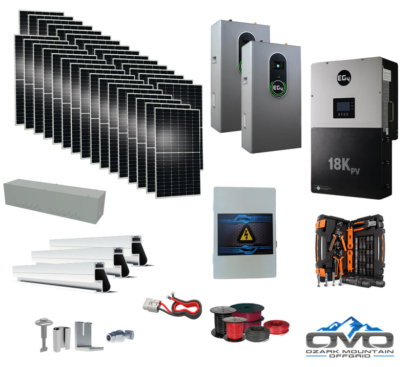 Load image into Gallery viewer, 17KW Complete Offgrid Solar Kit + EG4 18kPV + 2x 14.3KW 48V EG4 Lithium Indoor Wall Battery + 17.6KW Solar with Roof Mounting Rails and Wiring