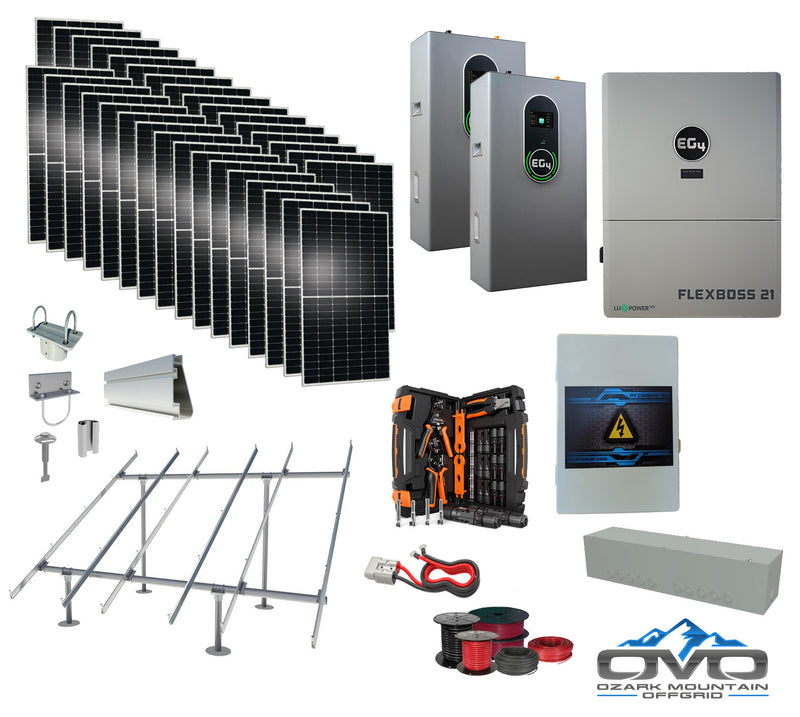 Load image into Gallery viewer, 17KW Complete Offgrid Solar Kit + EG4 FlexBOSS21 + 2x 14.3KW 48V EG4 Lithium Indoor Wall Battery + 17.6KW Solar with Ground Mount and Wiring