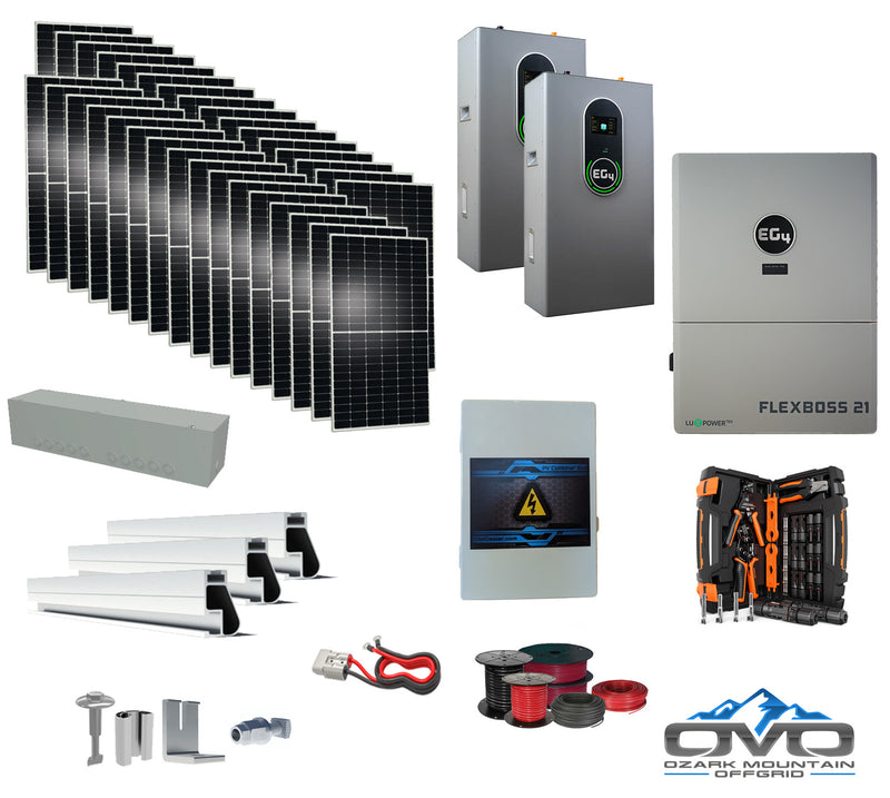 Load image into Gallery viewer, 17KW Complete Offgrid Solar Kit + EG4 FlexBOSS21 + 2x 14.3KW 48V EG4 Lithium Indoor Wall Battery + 17.6KW Solar with Roof Mounting Rails and Wiring