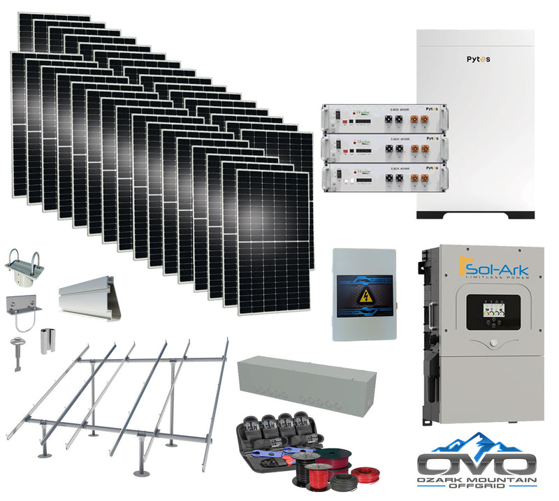 Load image into Gallery viewer, 17KW Complete Offgrid Solar Kit - 15.36kWh Pytes Lithium Battery + 15K Sol Ark Inverter +17.6KW Solar with Ground Mount and Wiring