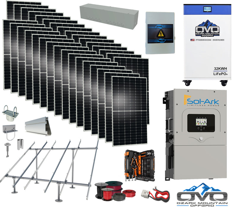 Load image into Gallery viewer, 17KW Complete Offgrid Solar Kit - 32kWh OMO 48V Freedom Series Lithium Battery + 15K Sol-Ark Inverter +17.6KW Solar with Ground Mount and Wiring