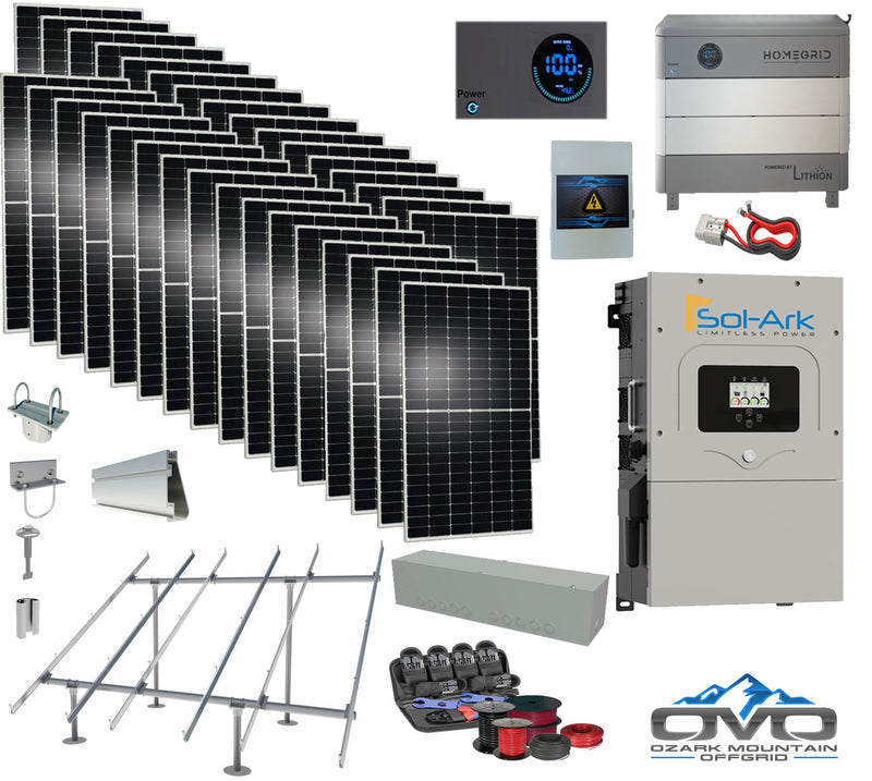 Load image into Gallery viewer, 17KW Complete Offgrid Solar Kit - Homegrid 9.6kWh Lithium Battery + 15K Sol Ark Inverter +17.6KW Solar with Ground Mount and Wiring