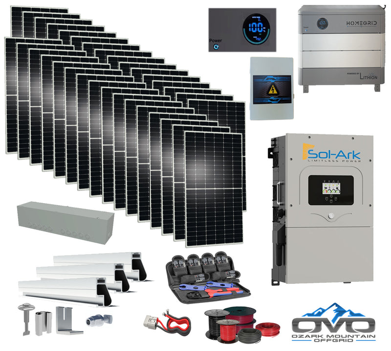 Load image into Gallery viewer, 17KW Complete Offgrid Solar Kit - 9.6kWh Lithium Battery + 15K Sol Ark Inverter +17.6KW Solar with Mounting Rails and Wiring