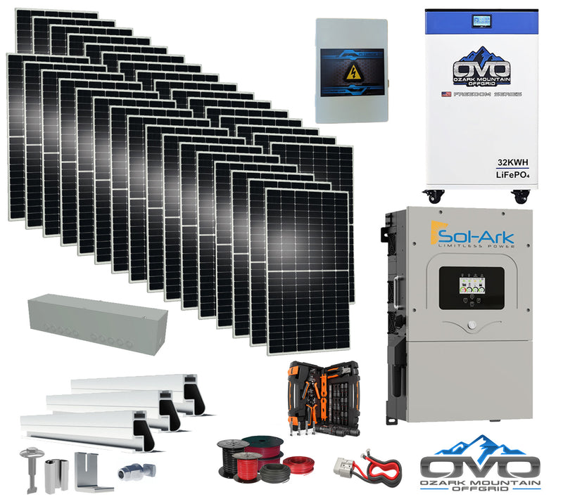 Load image into Gallery viewer, 17KW Complete Offgrid Solar Kit - 32kWh OMO 48V Freedom Series Lithium Battery + 15K Sol-Ark Inverter + 17.6KW Solar with Mounting Rails and Wiring