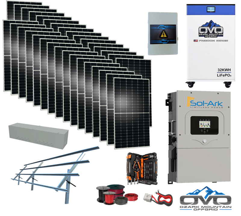 Load image into Gallery viewer, 17KW Complete Offgrid Solar Kit - 32kWh OMO 48V Freedom Series Lithium Battery + 18K Sol-Ark Inverter +17.6KW Solar with Sinclair Ground Mount and Wiring