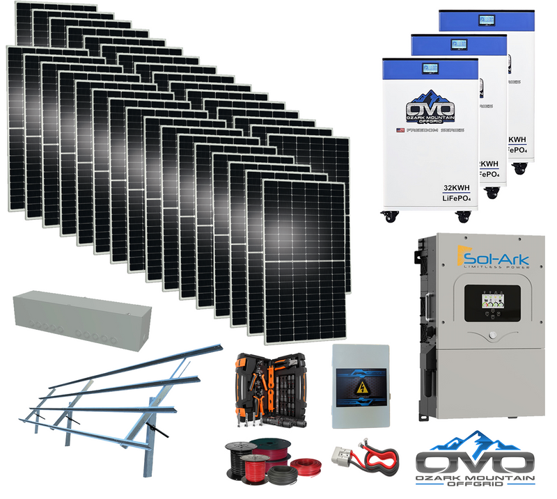 Load image into Gallery viewer, 17KW Complete Offgrid Solar Kit - 3x 32kWh OMO 48V Freedom Series Lithium Battery + 18K Sol-Ark Inverter +17.6KW Solar with Sinclair Ground Mount and Wiring