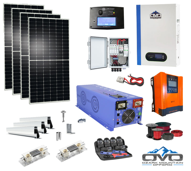 Load image into Gallery viewer, 2.2KW Offgrid Solar Kit + 5.12KW 48V OMO Patriot Lithium Battery + 4KW AIMS Split Phase 110/220V Inverter