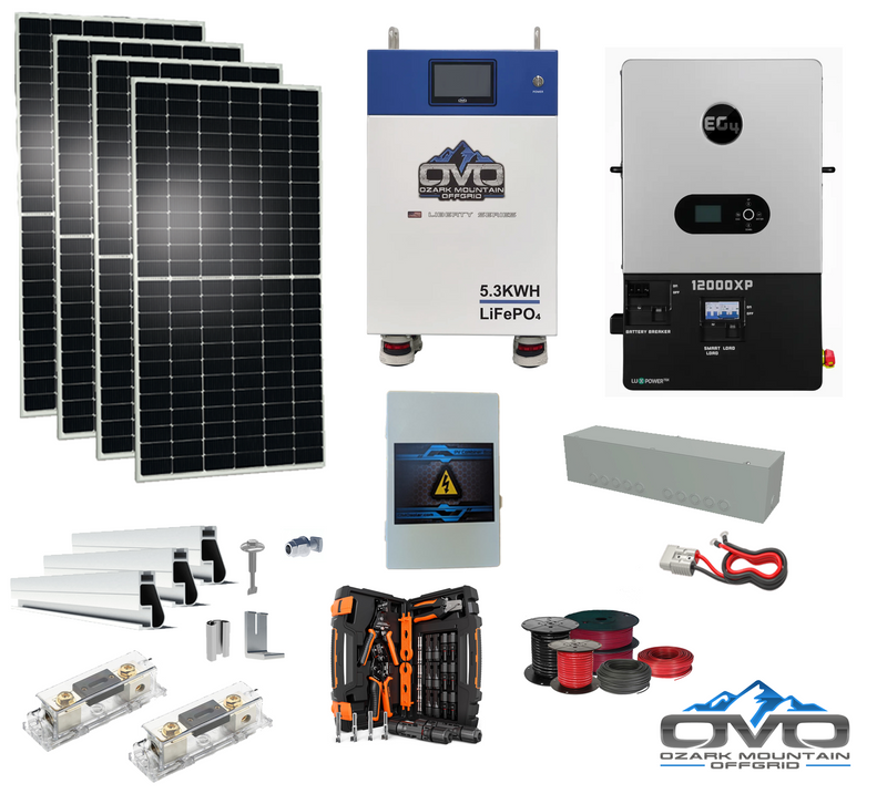 Load image into Gallery viewer, 2.2KW Complete Offgrid Solar Kit + 12K EG4 12000XP Inverter + 5.3KW OMO 48V Liberty Lithium Battery + 2.2KW Solar with Roof Mounting Rails and Wiring