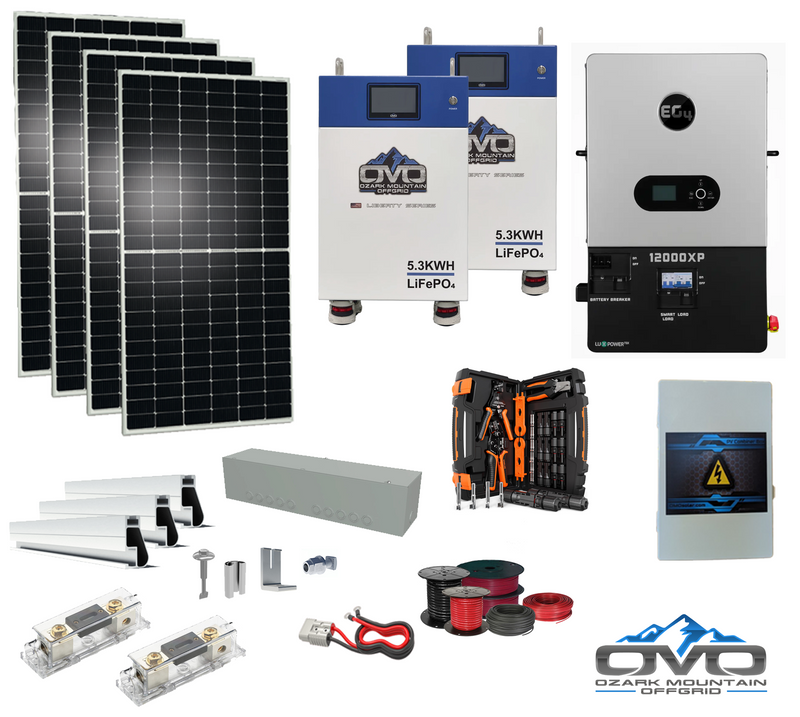 Load image into Gallery viewer, 2.2KW Complete Offgrid Solar Kit + 12K EG4 12000XP Inverter + 2x 5.3KW OMO 48V Liberty Lithium Battery + 2.2KW Solar with Roof Mounting Rails and Wiring