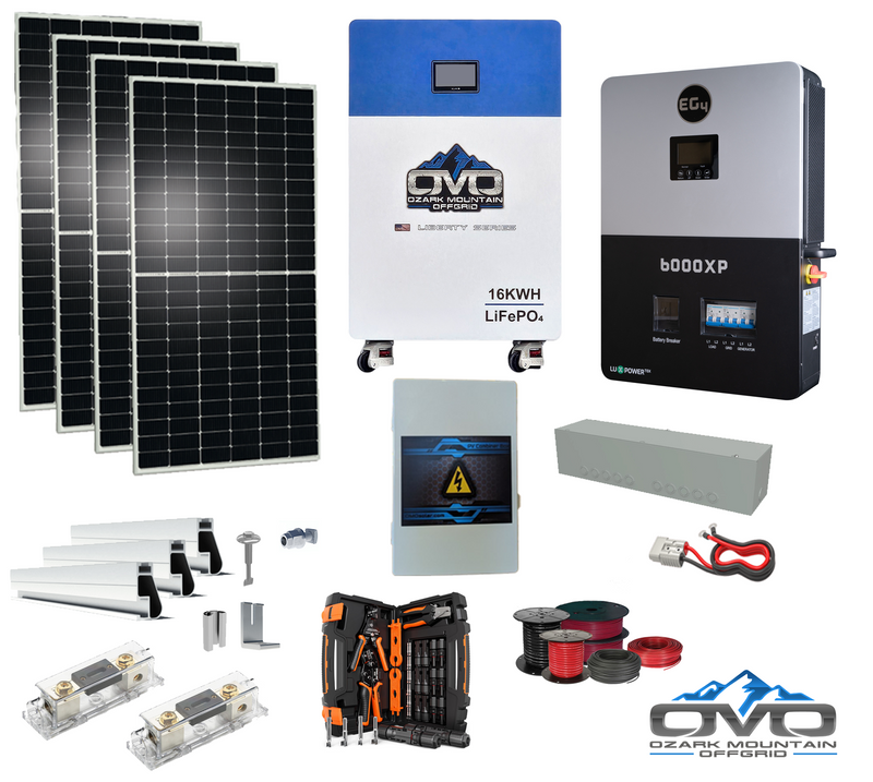 Load image into Gallery viewer, 2.2KW Complete Offgrid Solar Kit + 6K EG4 6000XP Inverter + 16KW OMO 48V Liberty Lithium Battery + 2.2KW Solar with Roof Mounting Rails and Wiring