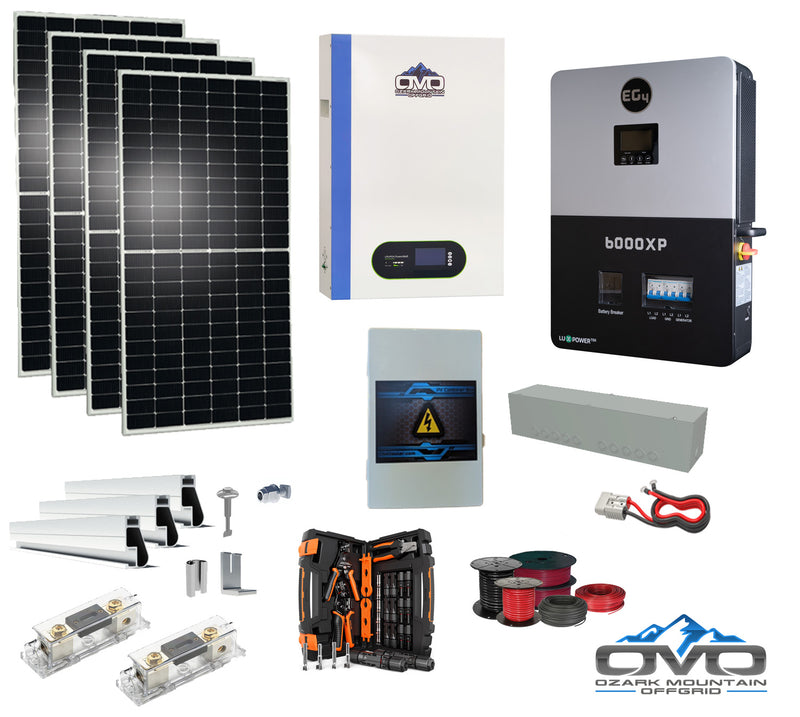 Load image into Gallery viewer, 2.2KW Complete Offgrid Solar Kit + 6K EG4 6000XP Inverter + 5.12KW OMO 48V Patriot Lithium Battery + 2.2KW Solar with Roof Mounting Rails and Wiring
