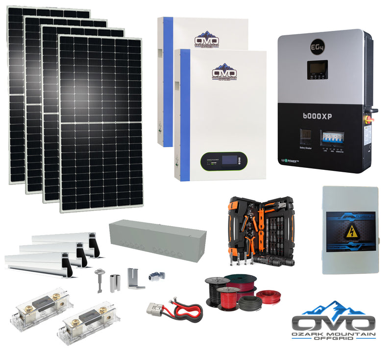 Load image into Gallery viewer, 2.2KW Complete Offgrid Solar Kit + 6K EG4 6000XP Inverter + 2x 5.12KW OMO 48V Patriot Lithium Battery + 2.2KW Solar with Roof Mounting Rails and Wiring